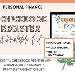 Checkbook Register Digital Financial Planner Excel Template Finance ...