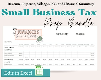 May include: A printable spreadsheet template for small business tax prep. The spreadsheet is titled "Finances Business Summary" and includes columns for revenue, expenses, and profit. The total profit is $9,850.00. The spreadsheet is labeled "Edit in Excel".