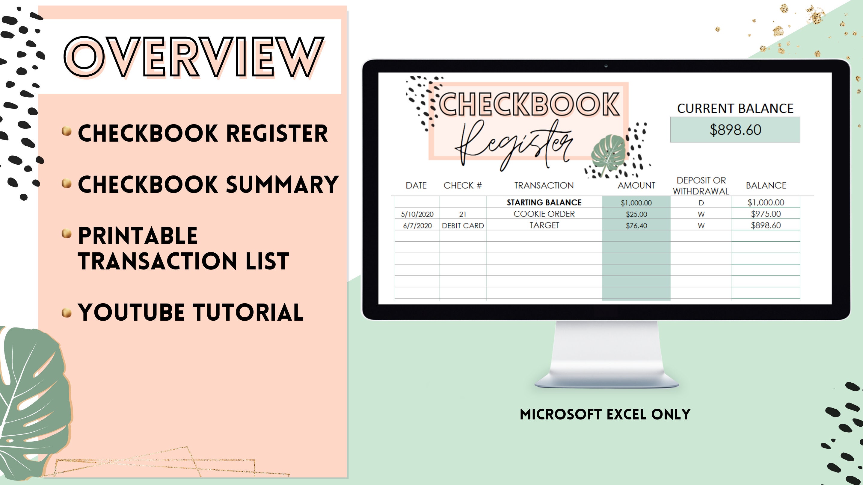 Checkbook Register Excel Template Digital Financial Planner Finance ...