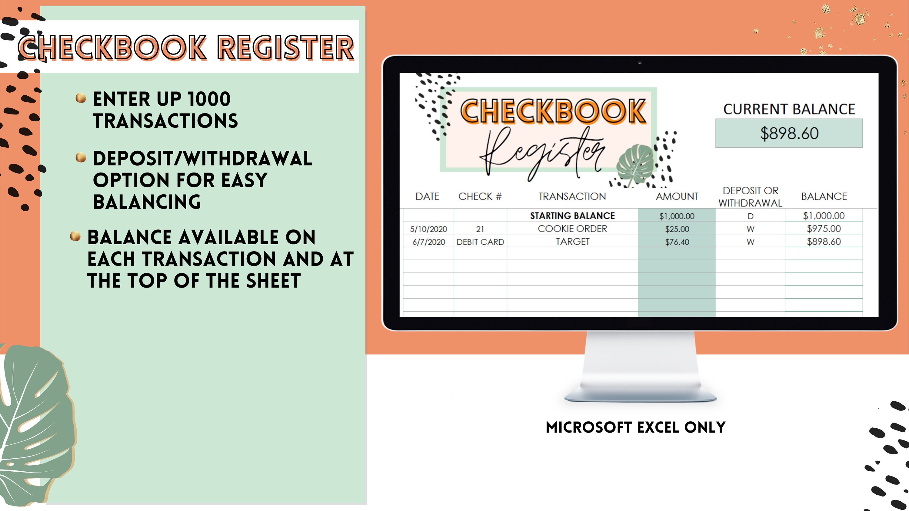 Checkbook Register Digital Financial Planner Excel Template Finance ...