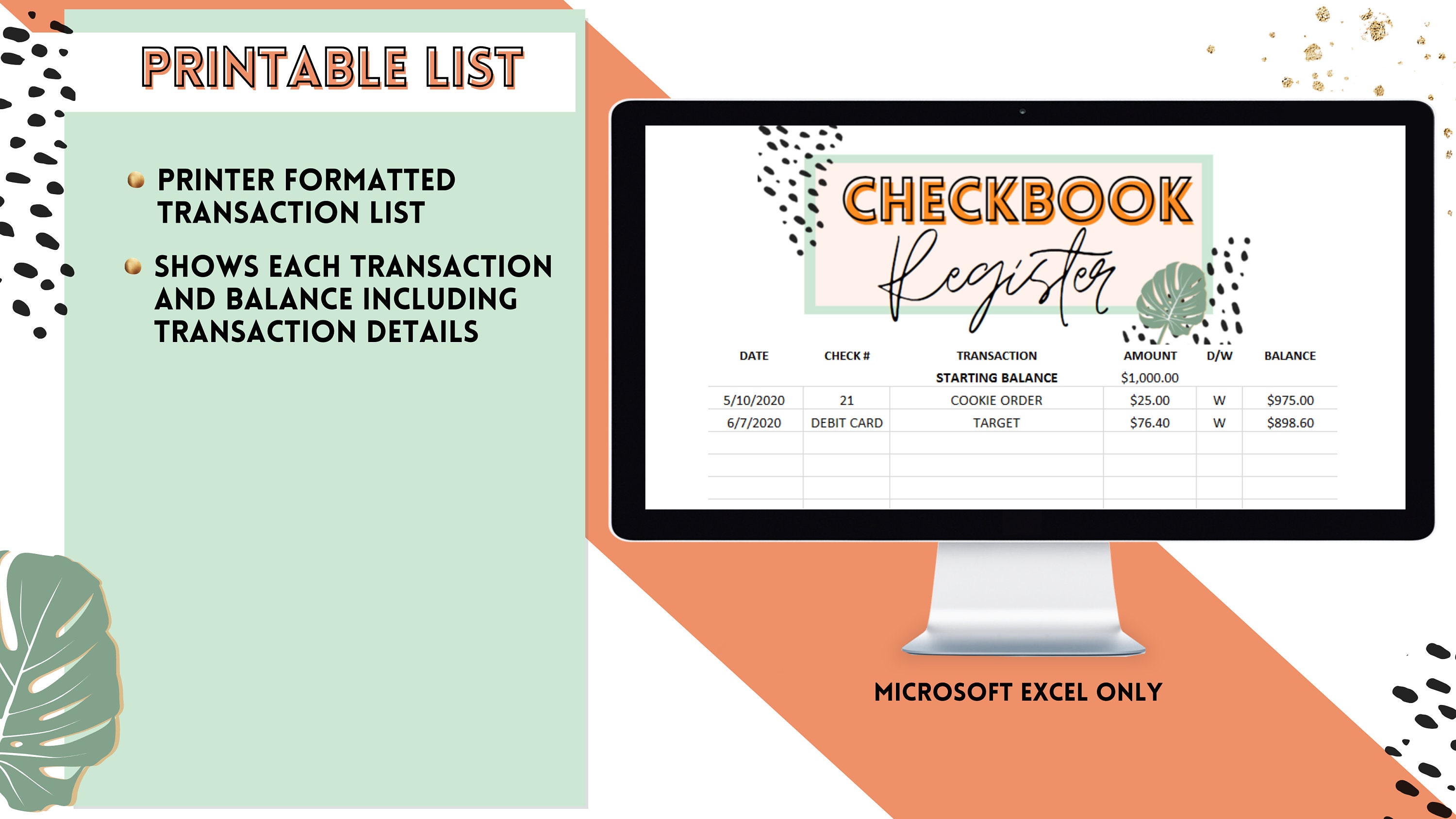 Checkbook Register Digital Financial Planner Excel Template Finance ...