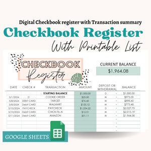 May include: A digital checkbook register with a green and black tropical leaf design. The current balance is $1,964.08. The register includes a date, check number, transaction, amount, deposit or withdrawal, and balance columns. The register is titled "Checkbook Register with Printable List".