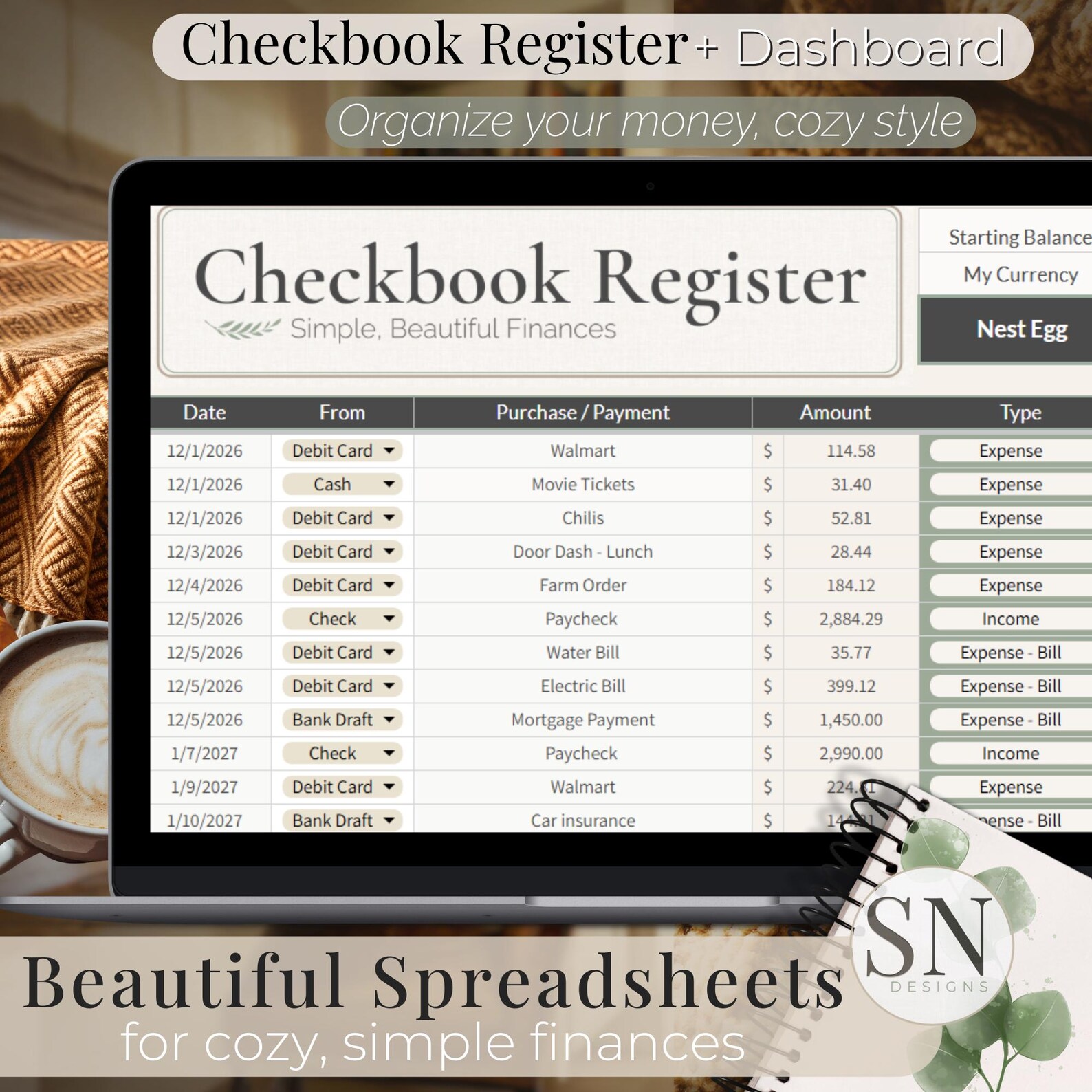 Checkbook Register Dashboard: Google Sheets & Excel Template (digital ...