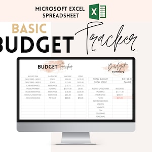 May include: A computer screen displaying a Microsoft Excel spreadsheet with a budget tracker. The spreadsheet is titled "Basic Budget Tracker" and includes categories for budget items, amounts, and spending. The spreadsheet also includes a summary section with total budget and total spent.
