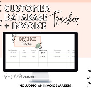 Peut inclure: Un écran d'ordinateur affichant un modèle de suivi de base de données client et de factures. Le modèle comporte des colonnes pour le nom du client, la date, le numéro de facture, le total de la facture, la description, la quantité et le prix. Le modèle est conçu avec un schéma de couleurs rose et vert et présente un motif feuillu.