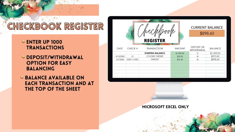 Checkbook Register Excel Template Finance Tracker Digital Financial ...