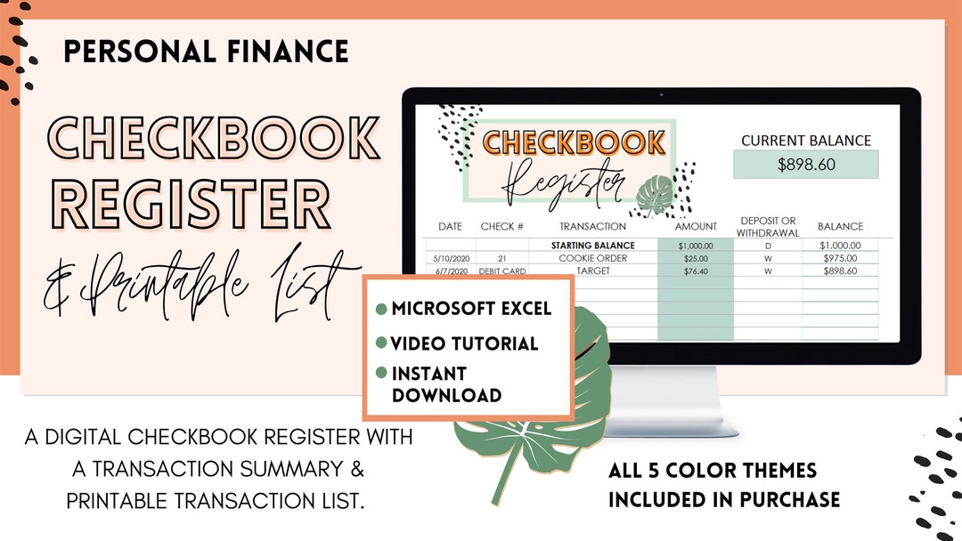Checkbook Register Digital Financial Planner Excel Template Finance ...