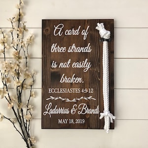 Cord of Three Strands Sign, Ecclesiastes 4:9-12, Alternative Unity Candle, Unity Ceremony Sign, Wedding Gift Farmhouse Sign W
