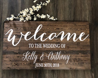 Rustic Wedding Welcome Sign, Stained Wood, Custom Names