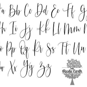 May include: A handwritten alphabet in a cursive font. The letters are in black ink on a white background. The letters are arranged in alphabetical order. The image also includes a logo for The Rustic Earth.