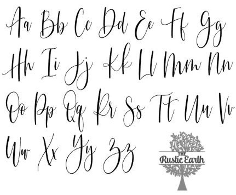 May include: A handwritten alphabet in a cursive font. The letters are in black ink on a white background. The letters are arranged in alphabetical order. The image also includes a logo for The Rustic Earth.