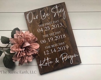 May include: A dark brown wooden sign with white text that reads "Our Love Story" and includes important dates in a couple's relationship. The dates are "The First Day 04.25.2013", "The Yes Day 06.19.2018", and "The Best Day 12.14.2019". The sign also includes the names "Katie & Bryan".
