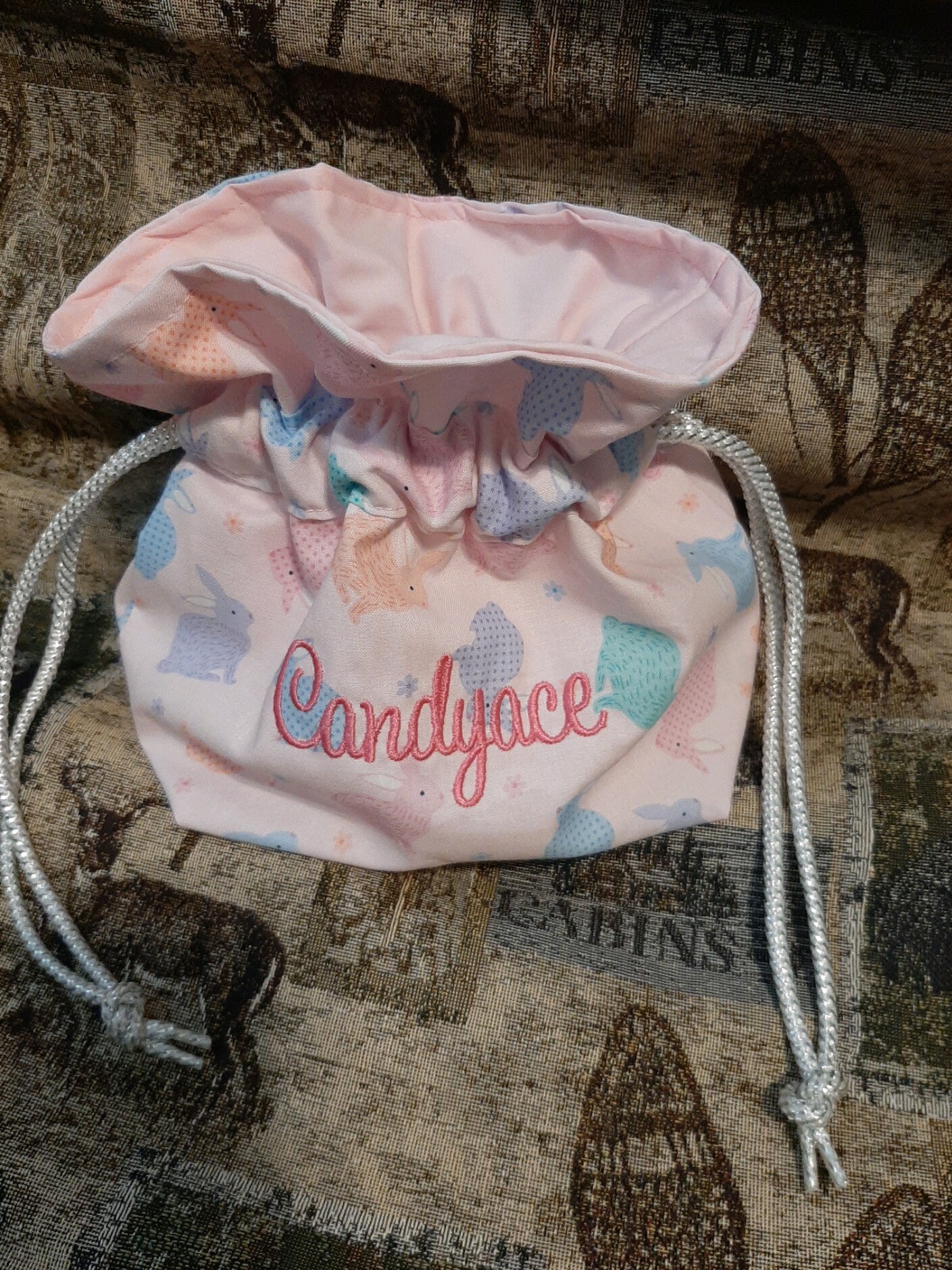 Personalized gift bags made with novelty print fabric and Etsy