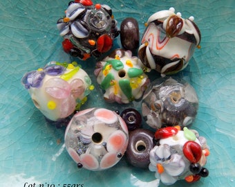 Lots de perles en verre (lampwork), assortiment de tailles et formes (ronde, goutte, cabochons ....) fait main artisanat made in France