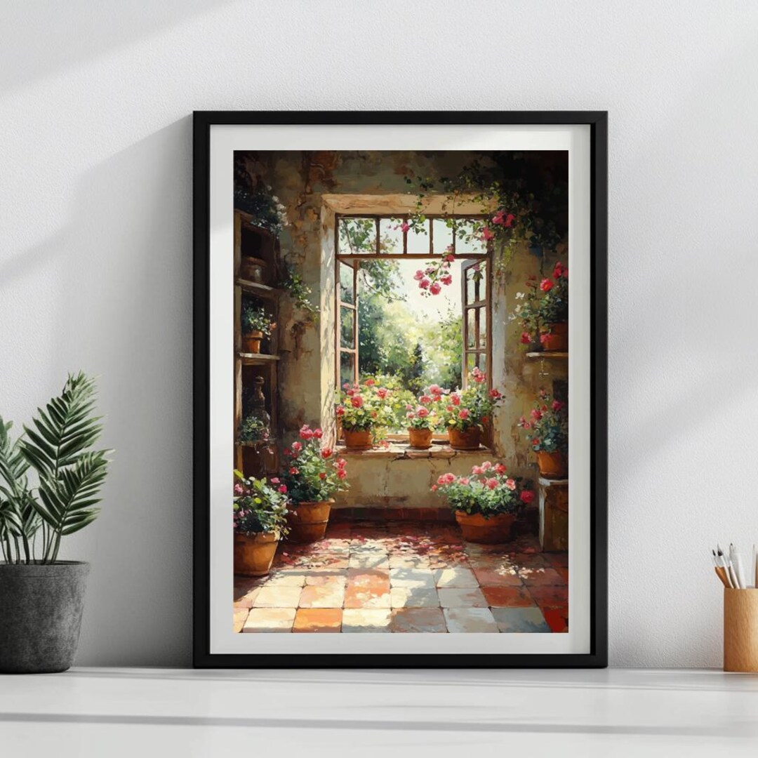 Sunlit Cottage Window With Blooming Flowers Rustic Garden Wall Art ...