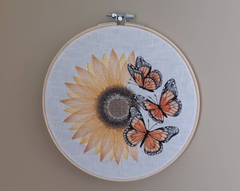 Finished Embroidery, Butterfly Wall Decor, Embroidered hoop art, 8 inch hoop, Monarch Art