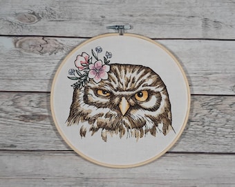 Finished Embroidery, Embroidered Owl Wall Decor, 8 inch hoop