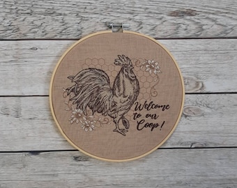 Finished Embroidery, Chicken Wall Decor, Embroidered hoop art, 8 inch hoop