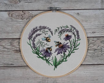 Finished Embroidery, Bee and Flowers Wall Art, 8 inch hoop Embroidery