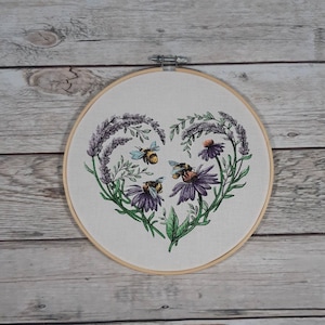 Finished Embroidery, Bee and Flowers Wall Art, 8 inch hoop Embroidery