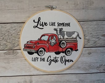 Finished Embroidery, Hoop Art, Embroidered Wall Decor, Farm Wall Art