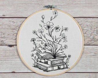 Finished Embroidery, Embroidered Wall Hoop Art, 8" hoop, Book Decor, Gift for Book Lover