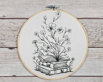 Finished Embroidery, Embroidered Wall Hoop Art, 8" hoop, Book Decor, Gift for Book Lover