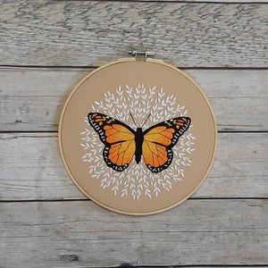 Finished Embroidery, Butterfly Wall Decor, Embroidered hoop art, 8 inch hoop, Monarch Art