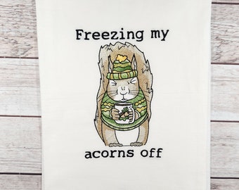 Funny Squirrel Flour Sack Towel, Embroidered Towel, Fall Kitchen Decor, Squirrel Kitchen Towel, Housewarming Gift