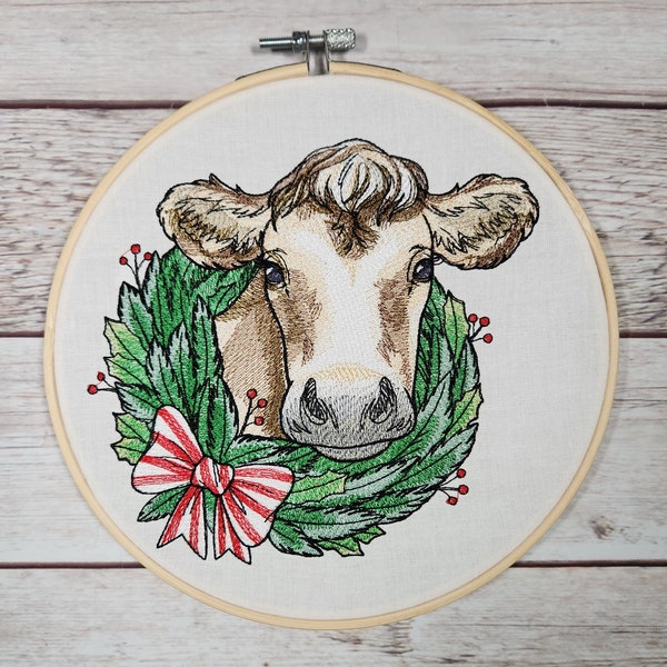 Finished Embroidery, Christmas Wall Art, Christmas Cow, Ready to Hang, Embroidered Wall Art, 8 inch hoop Embroidery, Winter Decoration