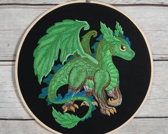 Finished Embroidery, Dragon Wall Decor, Embroidered Wall Art, 8 inch hoop, Dragon Hoop