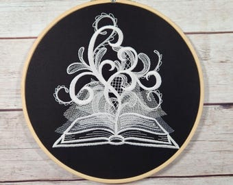 Finished Embroidery, 8 inch Hoop, Spooky Book Hoop,  Halloween Wall Art, Halloween Hoop, Fall Decor, Spooky Wall Art