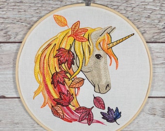 Ready To Hang, Unicorn Wall Decor, Finished Embroidery, Fall Decor, Embroidered hoop art, 8 inch hoop