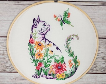 Finished Embroidery, Embroidered Cat hoop art, 8 inch hoop, Cat Wall Art