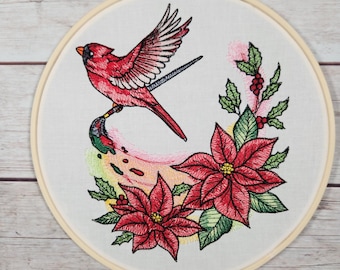 Cardinal Wall Decor, Christmas Wall Art, Ready to Hang, Embroidered Wall Art, 8 inch hoop Embroidery, Winter Decoration, Finished Embroidery