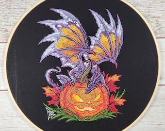 Finished Embroidery, Dragon Wall Decor, 10 inch hoop, Embroidered Halloween Wall Art, Dragon Embroidery