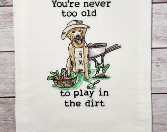 Dog Tea Towel, Flour Sack Towel, Funny Dog Towel, Spring Decor, Embroidered Dish Towel, Gardening Kitchen Towel