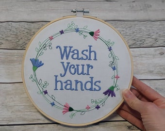 Finished Embroidery, Wash Your Hands, Bathroom Hoop Art, Embroidered Wall Hoop Art, 8" hoop,