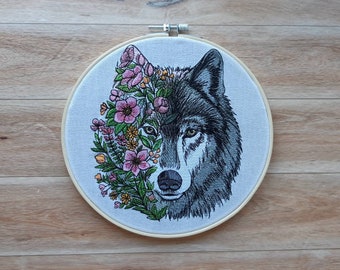 Ready to Hang, Embroidered Wolf Wall Hoop Art, 8" hoop, Finished Embroidery