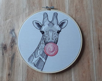 Finished Embroidery, Embroidered Wall Hoop Art, 8" hoop, Giraffe Decor