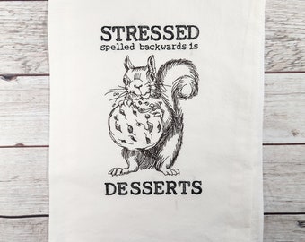 Squirrel Tea Towel, Flour Sack Kitchen Tea Towel, Embroidered Squirrel Towel, Funny Animal Dish Towel, Squirrel Decor