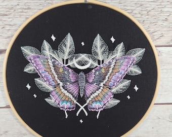 Finished Embroidery, Fall Wall Decor, 8 inch hoop, Embroidered Halloween Wall Art, Moth Embroidery