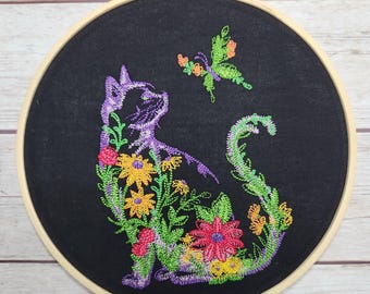 Cat Finished Embroidery, Cat Wall Decor, Embroidered Wall Hoop Art, 8" hoop, cat Decoration