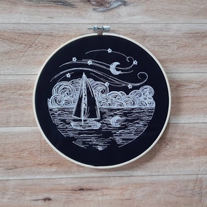 Finished Embroidery, Sailboat Wall Decor, Embroidered Wall Art, 8 inch hoop