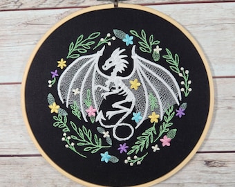 Finished Embroidery, 8 inch Hoop, Dragon Skeleton,  Halloween Wall Art, Halloween Hoop, Fall Decor, Spooky Wall Art, Pretty Halloween