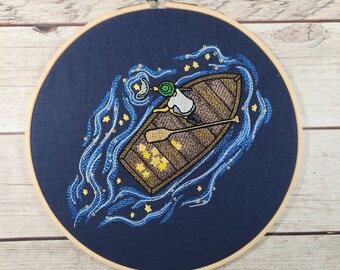 Finished Embroidery, Embroidered Wall Art, Wall Decoration, 8 inch hoop, Fishing Wall Art, Boat Wall Decor