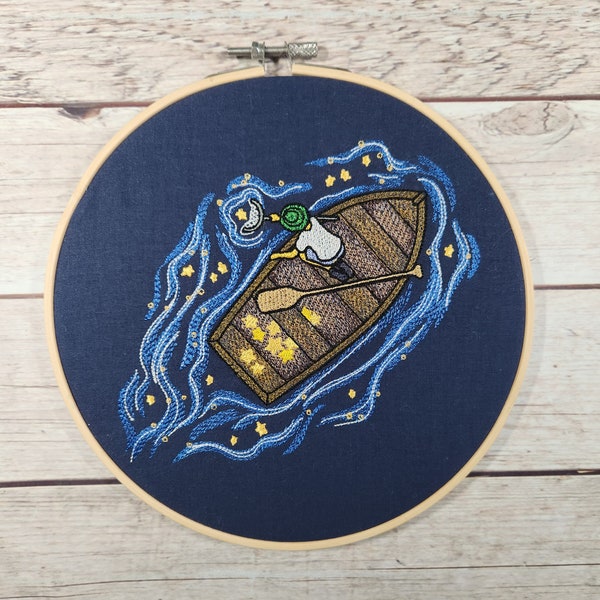 Finished Embroidery, Embroidered Wall Art, Wall Decoration, 8 inch hoop, Fishing Wall Art, Boat Wall Decor