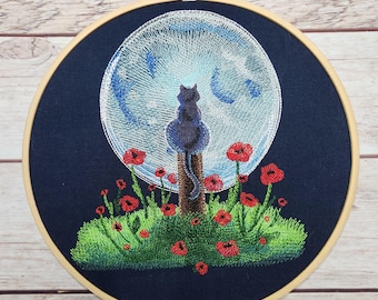 Cat Finished Embroidery, Cat Wall Decor, Embroidered Wall Hoop Art, 8" hoop, cat Decoration