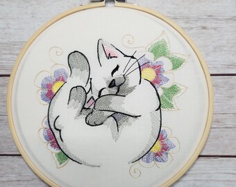 Cat Finished Embroidery, Cat Wall Decor, Embroidered Wall Hoop Art, 8" hoop, cat Decoration