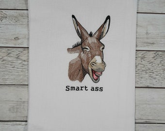 Donkey Tea Towel, Flour Sack Kitchen Tea Towel, Embroidered Towel, Funny Dish Towel, Farmhouse Decor